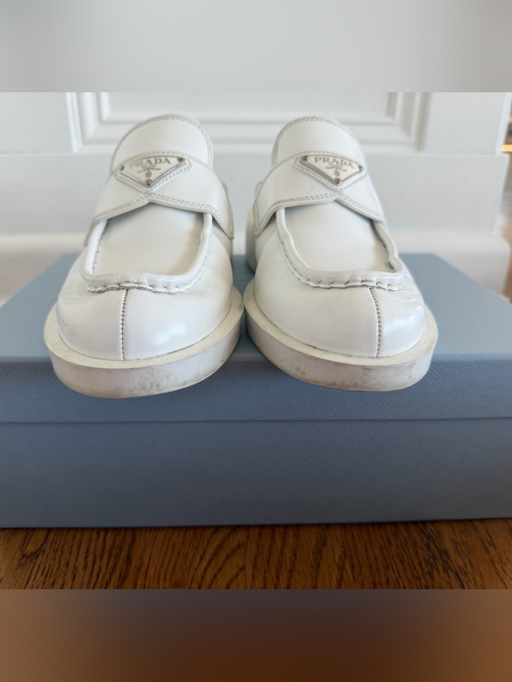 Prada White Triangle Logo Slip-On Loafers, size 38 - Picture 8 of 11